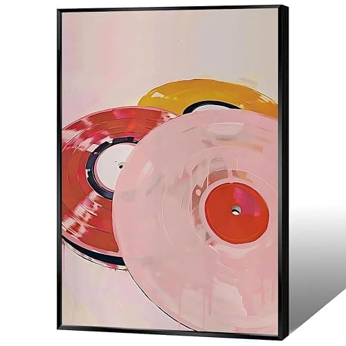 Vintage Colorful Vinyl Records Canvas Wall Art Trendy Music Themed Aesthetic Poster Preppy Pink Red Orange Abstract Watercolor Painting For Living Room Bedroom Wall Decor 12x16in Wrapped Canvas - Image 1