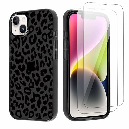 lioscre Cheetah Print Phone Case for iPhone 13 / iPhone 14 6.1" Case with 2 Pack Tempered Screen Protector, Cute Leopard Pattern Design Funda Shockproof TPU Soft Clear Cover for Women Girls, Black - Image 1