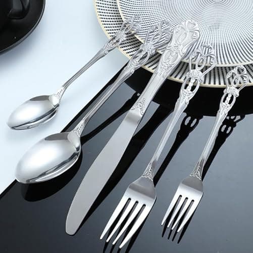 Will Like Besteckset für 1 Person, 5-teilig, hochwertig, spülmaschinenfest, inklusive Steakmesser/Gabel/Löffel, ideal für Zuhause, Küche, Restaurant (Silberbesteck) thumbnail 4