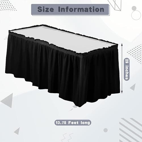 Tegeme 16 Pieces Black Plastic Table Skirts for Rectangle Tables, 14 ft x 29 in Disposable Ruffle Table Skirting with Adhesive Strip, Bulk Party Supplies for Wedding, Birthday, Baby Shower & Banquet thumbnail 3