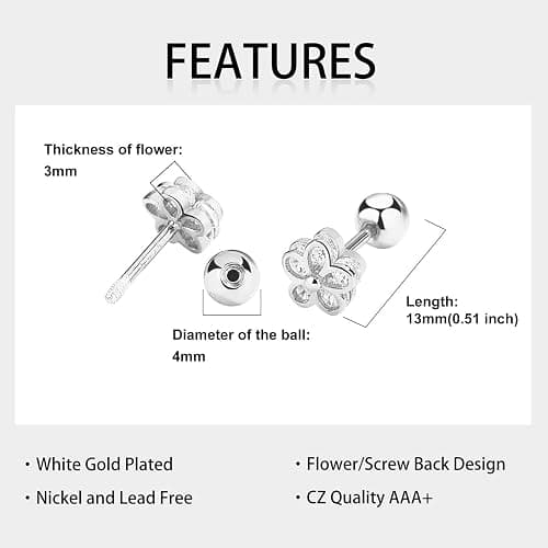 THOKUNA 18K Gold Plated Sterling Silver Cubic Zirconia Screw Back Small Trendy Dainty Cute Flower Stud Earrings for Women with Jewelry Rose Box thumbnail 3