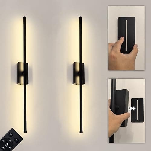 Easy Install Peel and Stick on Battery Operated Wall Sconces Set of 2 Rechargeable, Magnetic Linear Wall Sconce Wireless Long Picture Vanity Wall Light for Living Room Bedroom (2 Pack, 28.3'', Black) - Image 1