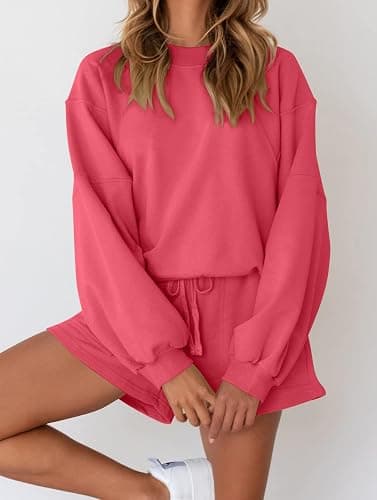 MEROKEETY Women's 2025 Fall Oversized Batwing Sleeve Lounge Sets Casual Top and Shorts 2 Piece Outfits Sweatsuit thumbnail 2