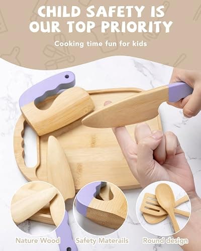 Wooden Kids Cooking Set Montessori Kit - Real Toddler Kitchen Tools & Baking Utensils - 30PCS Cooking Kit for Kids with Storage Bag, Great Gift for Pretend Play & Montessori Learning (Purple) thumbnail 2