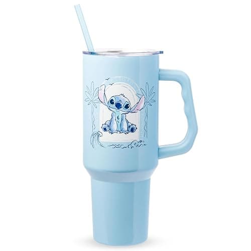 Silver Buffalo Disney Lilo and Stitch, Stainless Steel Tumbler, 40oz | Ocean Design, Tropical, Double Walled, Handle, Straw, Fits in Standard Cup Holder, Minimalistic, 1.18 Liters - Image 1
