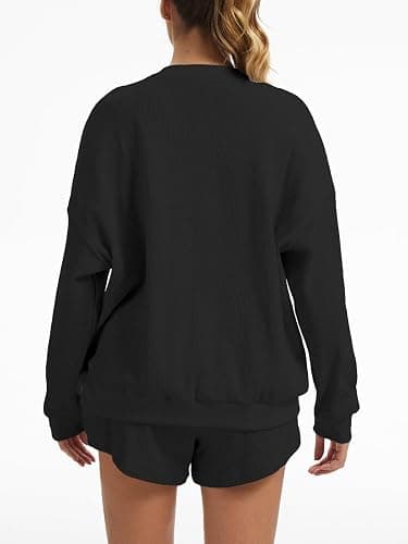 AnotherChill Women's Waffle Knit 2 Piece Lounge Short Sets Cozy Outfits | 95% cotton oversized sweatshirt high-rise shorts, breathable casual comfy matching sets for loungewear spring and fall thumbnail 4