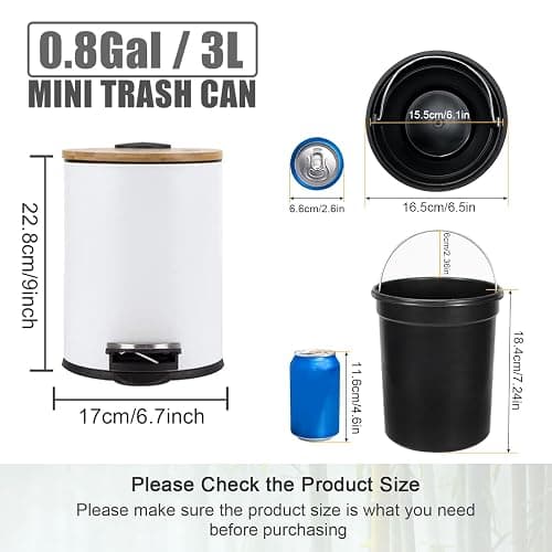 Trash Can with Bamboo Lid Soft Close, 3L Mini Pedal Bin, Round Garbage Can with Inner Bucket for Bathroom, Bedroom, Powder Room, Office, Desk, Car (White) thumbnail 2