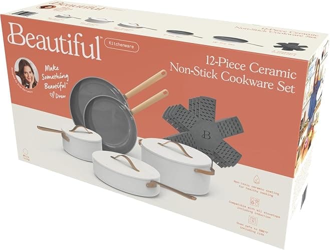 Beautiful 12pc Ceramic Non-Stick Cookware Set by Drew Barrymore, Pots & Pans with Lids, Dishwasher‑Safe,Soft‑Touch Handles, Even‑Heat Base. (White Icing) thumbnail 9