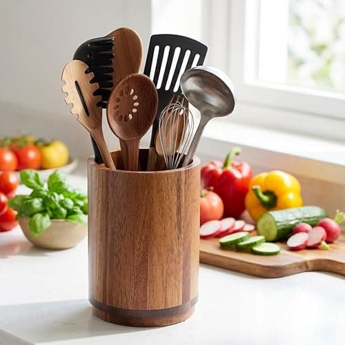 Segtenant Utensil Holder, Acacia Wood Kitchen Utensil Holder for Countertop, 360°Rotating Cooking Utensil Crock for Kitchen Counter, 7.2" Large Utensil Organizer for Spatula thumbnail 5
