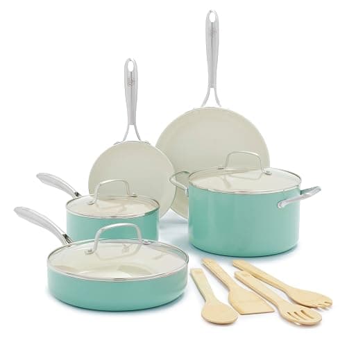 GreenLife Artisan Healthy Ceramic Nonstick, 12 Piece Cookware Pots and Pans Set, Stainless Steel Handle, Induction, PFAS-Free, Dishwasher Safe, Oven Safe, Turquoise - Image 1