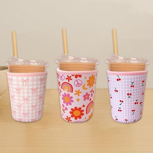 Reusable Insulated Neoprene Iced Coffee Cup Sleeve, Durable Drink Sleeve for Cold Beverages, Beverage Holder for Iced Coffee, Lovely Bows thumbnail 4
