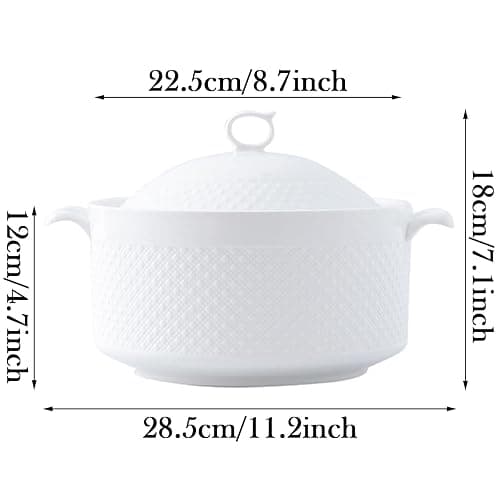 Hgjgwqh White Ceramic Round Tureen Round Porcelain Serving Soup Tureen, Heat-Resistant Premium Ceramic Bowls Lid Cooking Soup for Restaurant Home Kitchen Decoration, White Porcelain,9inch thumbnail 3