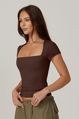QINSEN Women's Square Neck Short Sleeve T Shirts Double Lined Basic Tee Slim Fit Tops thumbnail 5