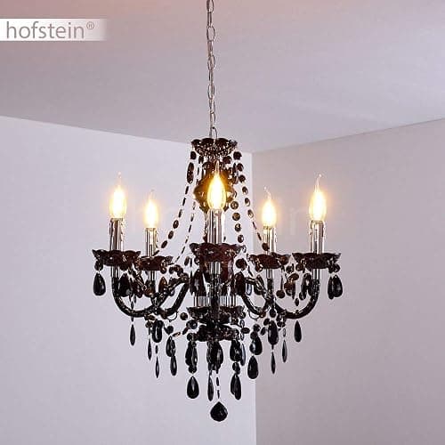 Lustre en métal noir/chrome, lampe à suspendre à 5 flammes, 5 x E14, suspension classique avec cristaux décoratifs, design vintage/rétro, ampoule(s) non incluse(s) thumbnail 5
