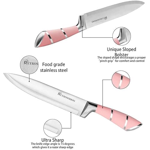 Kitchen Knife Set, Retrosohoo 9-Pieces Pink Sharp Non-Stick Coated Chef Knives Block Set,Stainless Steel Knife Set for Kitchen with Sharpener for Cutting Slicing Dicing Chopping (Pink) thumbnail 9