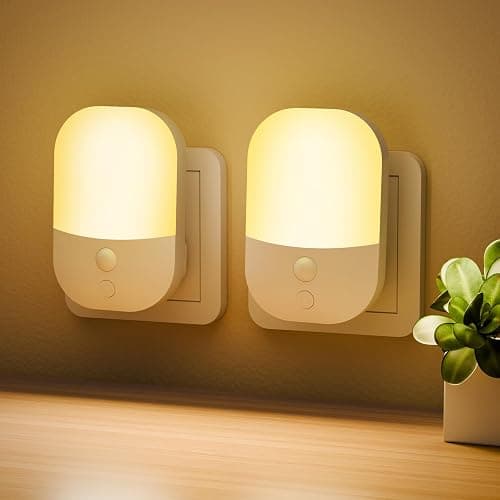 2 Pack Plug in Night Light with Dusk to Dawn Photocell Sensor, 5 Adjustable Brightness Levels, ON/Off/AUTO Modes, 3000K Warm White LED Night Light for Baby, Hallways, Stairs, Bedrooms, Kitchens, 0.3W - Image 1