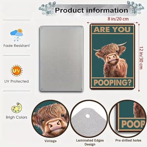 Vintage Highland Cow Tin Sign: Funny "Are You Pooping?" Bathroom Wall Decor for Western & Highland Cow Lovers 8 x 12 Inch (3039) thumbnail 2