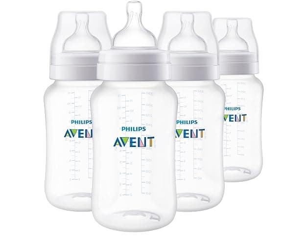 Philips Avent Anti-Colic Baby Bottles, 11oz, with Flow 3 Nipples, 3m+, 4pk, Clear, SCY106/04 - Image 1
