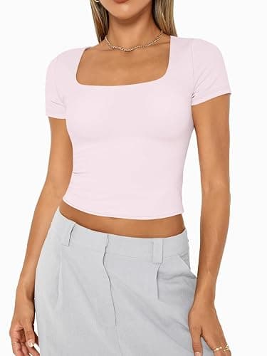 AUTOMET Womens Double Lined Short Sleeve Crop Top for Summer Going Out Workout Gym thumbnail 2