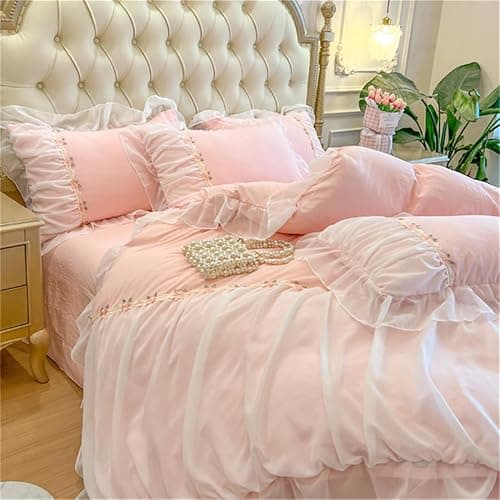 MOOWOO Pink Bedding-Romantic Ruffle Lace Bedding Set 3 Piece Comforter Queen Duvet Cover with Zipper Closure,Coquette Room Decor-Pink,Queen Size - Pink - Queen thumbnail 5