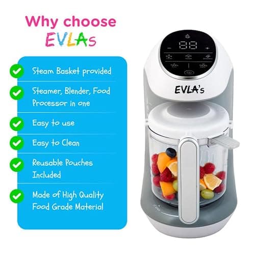 EVLA'S Baby Food Maker, Steamer, Blender, Baby Food Processor for Healthy Homemade Baby Food in Minutes, Touch Screen with 6 Reusable Food Pouches, Baby Registry Essential, White thumbnail 3