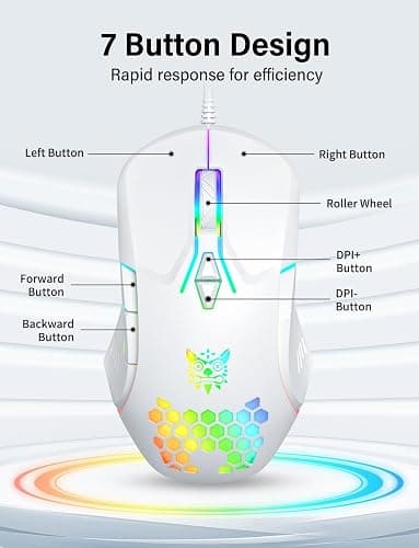 ONITOON Wired USB Mouse, Computer Mouse with RGB Lighting, 4 Adjustable DPI, Ergonomic Optical Office Mouse, 7 Buttons Corded Mice for Window/PC/Laptop/Desktop/Mac/Chromebook, White thumbnail 3