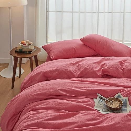 FACE TWO FACE Bedding Duvet Cover Set100% Washed Cotton Duvet Cover Linen Like Textured Breathable Durable Soft Comfy (King, Red) thumbnail 3