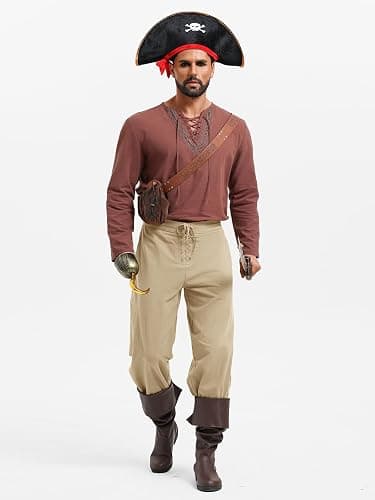 Runcati Mens Medieval Pirate Pants Renaissance Viking Ankle Banded Cotton Pants Lace Up Retro Halloween Costume Trousers thumbnail 5
