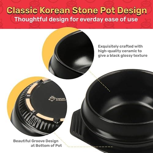 Captain Cranberry Korean Stone Pot Set (7-piece, 38.7oz with Hot Pot Grip), Ttukbaegi, Dolsot, Korean Soup Bowl, Ceramic Pots for Cooking, Soup Pot, Earthenware Claypot, Bibimbap, Ramen thumbnail 4