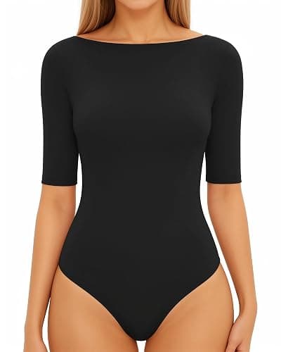 MANGOPOP Women's Half Sleeve Boat Neck Bodysuit 3/4 Sleeve Body Suit Fitted Going Out Tops 2026 - Image 1