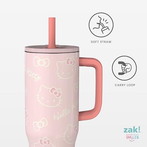 Zak Designs Sanrio Sutton Travel Tumbler for On the Go, 30oz Stainless Steel with Vacuum Insulation, Silicone Straw, and Carry Handle for Cold Drinks (Hello Kitty) thumbnail 5