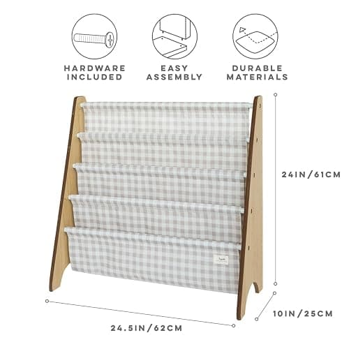 3 Sprouts Recycled Fabric Kids Bookshelf – 4-Tier Sling Book Rack Storage - Kids Room Book Shelves, Nursery, Playroom, Classroom - Bookcase Display Shelf for Toddler, Children Age 3+ - Gingham Beige thumbnail 3