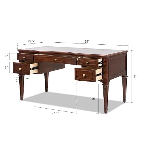 Jennifer Taylor Home JTH Luxe Dauphin Gold Accent 5-Drawer Wood Executive Desk, Walnut Brown Wood thumbnail 3