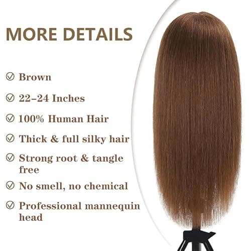 Opini Mannequin Head 100% Real Human Hair for Hairstyle Curling Practice | Cosmetology Manikin Doll Head 22-24" for Braiding Cutting, Ideal for Salon Hairdressers Barbers & Beginner Training (Brown) thumbnail 4