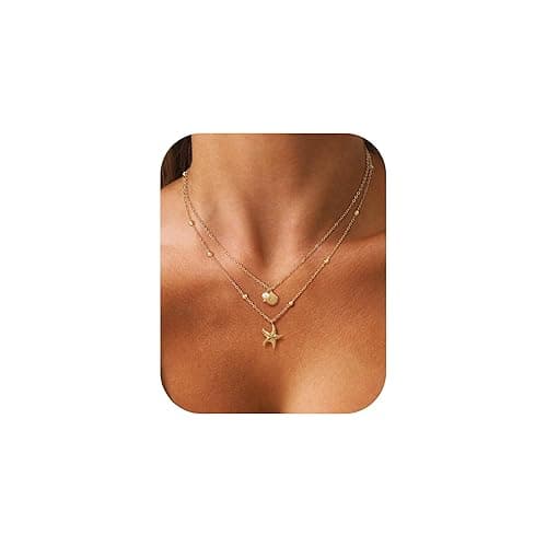 HABIKIP Shell Starfish Charm for Women, Dainty Layered 14K Gold Plated Seashell Conch Starfish Pearl Pendant Necklace for Women Stack Trendy Beach Cuban Link CZ Chain Necklace Summer Vacation Jewelry - Image 1