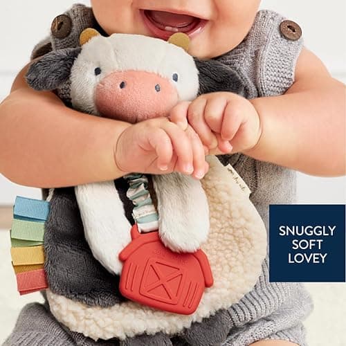 Itzy Ritzy - Itzy Lovey Including Teether - Baby Lovey with Teether, Textured Ribbons & Dangle Arms - Features Crinkle Sound, Sherpa Fabric and Minky Plush (Cow) thumbnail 5
