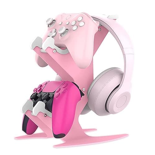 Controller Holder Pink, Game Controller Rack Headset Stand for Xbox Series X S/Xbox one / PS5 / PS4 / NS/PC/Headset, Aluminum Metal Headset Mount Universal Organizer for Video Game Accessories - Image 1
