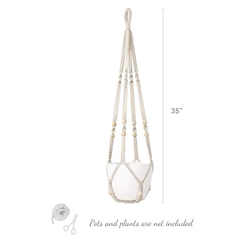 Mkono Macrame Plant Hanger Indoor Hanging Planter Basket with Wood Beads Decorative Flower Pot Holder No Tassels for Indoor Outdoor Boho Home Decor 35 Inch, Ivory, Set of 1 (POTS NOT Included) thumbnail 3