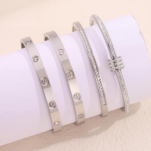 Camhanno Stainless Steel Bangle Bracelet Set for Women - Silver/Gold Love Bangle Non Tarnish Jewelry with Sparkling Crystal Inlay for Love Gifts thumbnail 8