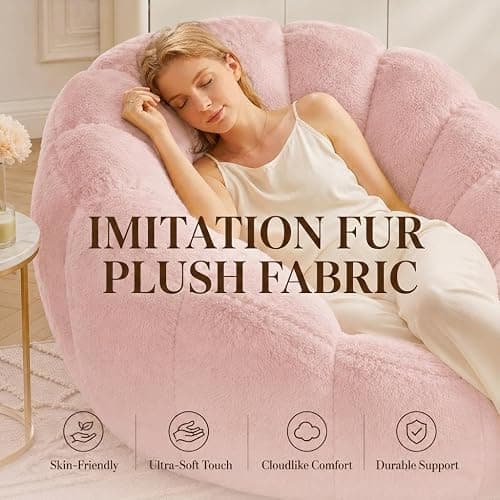 Mofolit 46" Oversized Flower Bean Bag Chair with Ottoman for Adults,Large Cozy Beanbag Chair with Artificial Rabbit Fur Fabric,Boneless Sofa for Living Room,Reading Room and Apartment. (Pink) thumbnail 8