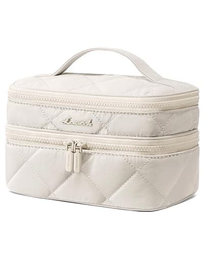 LOVEVOOK Travel Makeup Bag,Large Open Flat Tolietry Bag for Women,Waterproof Portable Cosmetic Pouch,Double Layer Quilted Makeup Bag Organizer With Handle,Travel Essentials,Gift for Her - Image 1