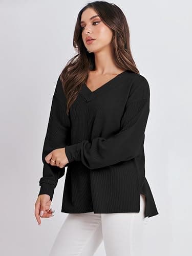 ANRABESS Oversized Long Sleeve Shirts for Women Off the Shoulder Sweatshirt Loose V Neck Tunic Tops High Low Sweater 2025 thumbnail 3