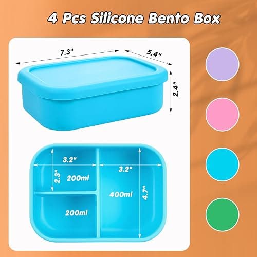 Layhit 4 Pcs Silicone Bento Box for Adults, 27 oz Bento Lunch Container Reusable Food Container for Women Men, Leak Proof Microwave Dishwasher Freezer Safe (3 Compartments,Bright Colors) thumbnail 3