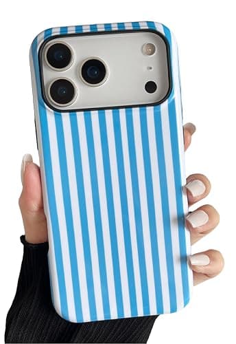 Longlayss Compatible with iPhone 17 Pro Case Cute Aesthetic Striped Phone Case for Women Girl Shockproof Slim TPU and Hard PC Protective Cover (Blue) - Image 1
