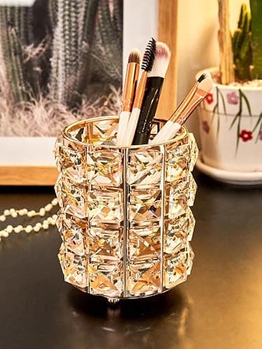 JOSALINAS Golden Crystal Makeup Brushes Holder Organizer for Cosmetics Comb Brushes, Eyebrow Pen Pencil Storage Case Container, Golden thumbnail 5