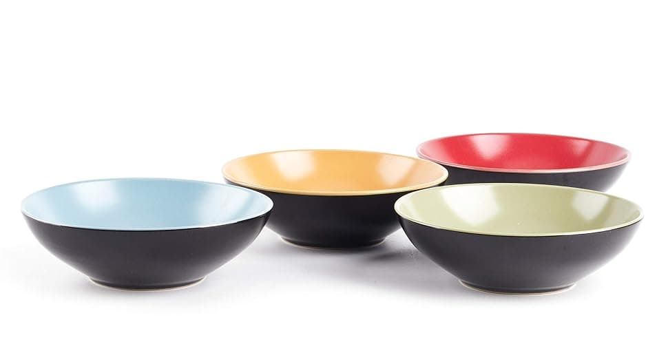 HomeVss Stoneware Two-Tone Colors Life 16pc Dinnerware Set，Outside Shinny Black + Inside Matte Finished Very Funny - 4 Assorted Colors Turquoise, Olive, Curry and Red thumbnail 6