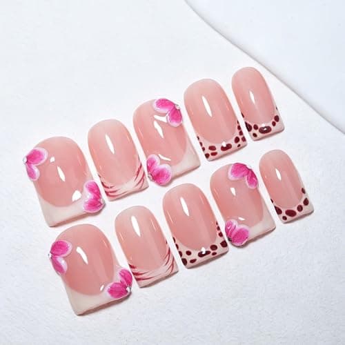 Handmade Short Square French Press On Nails,Reusable&Salon Quality(Y207, M) | 10Pcs Daily & Party Fake Nails | Easy Apply & Remove | Nude Pink Press Ons with 3D Pink Flowers, Line & Dot French Accents thumbnail 2