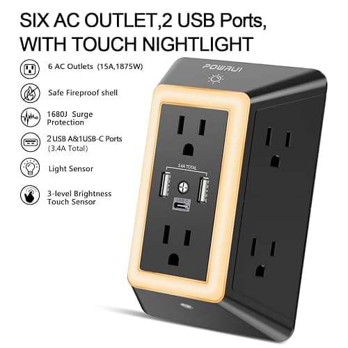 Outlet Extender USB Wall Charger - POWRUI 6 AC Surge Protector Outlets with 3 USB Ports (1 USB C) and Night Light, 3-Sided Multi Plug Wall Outlet Power Strip with Spaced Outlets, ETL Listed, Black - 2U1C - Black thumbnail 2