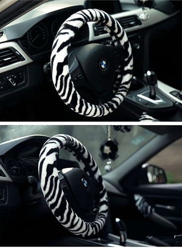 Follicomfy Fluffy Zebra Plush Steering Wheel Cover for Women/Girls/Ladies, Soft Fur Steering Cover for Winter Warm, Universal 15 inch, Black White thumbnail 2