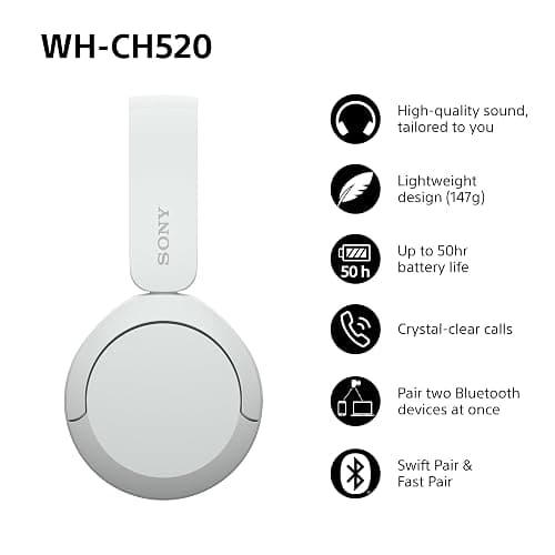 Sony WH-CH520 Wireless Bluetooth On-Ear Headphones, Lightweight Design, Up to 50hr Battery Life, Quick Charge, EQ, Clear Call Quality, iOS & Android - White thumbnail 2